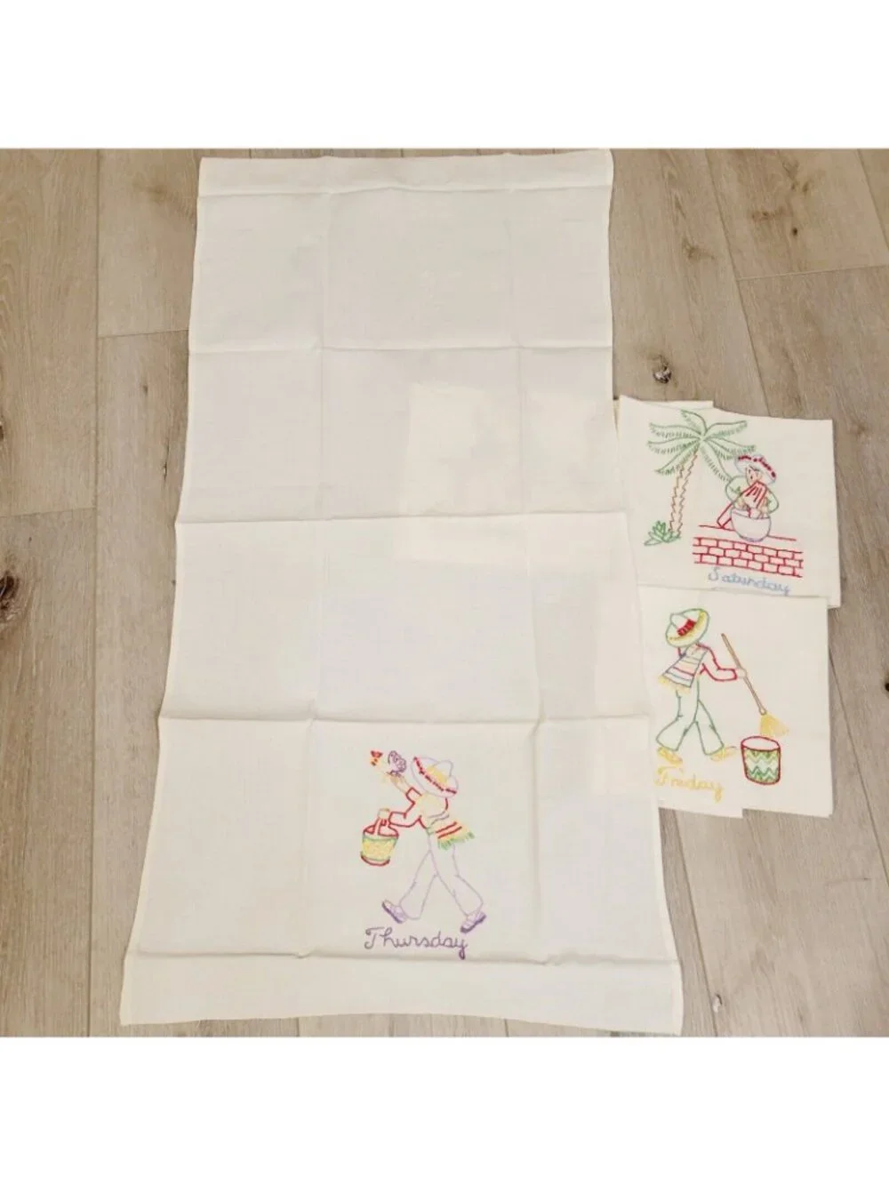 4 Hand-Embroidered Mexican Days Of The Week Tea Towels Cotton
